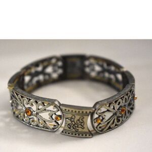 Vtg Amber Rhinestone Accent Filigree Art Deco Silver Tone 8" Stretch Bracelet